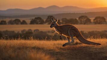 Kangaroo leaping across a golden field at sunset with distant mountains and trees in background photo
