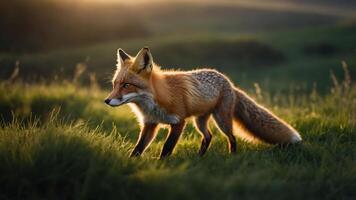 A majestic red fox gracefully walks through a sunlit meadow during golden hour, with hills in the background photo