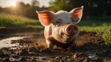 Playful pig running through muddy field during sunset, surrounded by lush greenery and soft light photo
