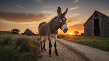 A curious donkey stands on a dirt path at sunset, with barns and fields in the background photo