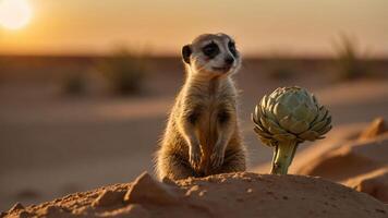 A curious meerkat standing on a sandy dune at sunset, with a cactus-like plant nearby photo