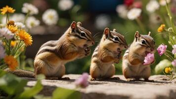 Three chipmunks enjoying flowers in a vibrant garden with colorful blooms in the background photo