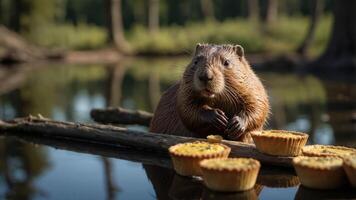 A beaver enjoying a snack of mini tarts by a tranquil riverbank surrounded by lush greenery photo