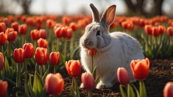 A serene rabbit nibbling on a tulip in a vibrant field of blooming flowers during springtime photo