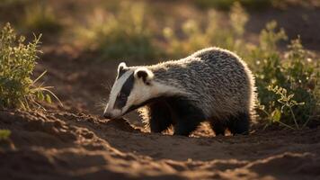 A badger foraging in a sunlit forest clearing, surrounded by lush greenery and soft earth photo