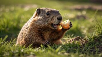 A playful groundhog munching on an orange in a sunlit grassy field during spring photo