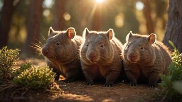 Three adorable wombats resting together in a sunlit forest, surrounded by greenery and soft light photo