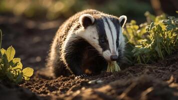 A close-up of a badger foraging for food in a lush green field during golden hour photo