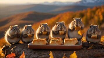 Six small animals enjoying a meal on a rocky surface with autumn foliage and mountains in the background photo