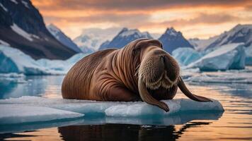 A walrus resting on an ice floe in a serene Arctic landscape during sunset photo