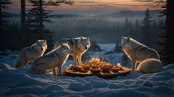 A serene gathering of wolves around a feast in a snowy forest at dusk, with soft candlelight photo
