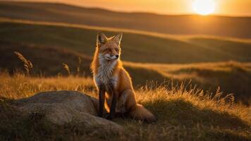 A serene red fox sitting gracefully on a rock during a stunning sunset in a grassy landscape photo