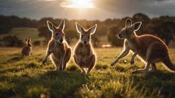 Group of kangaroos playfully interacting in a sunlit field with a scenic background photo