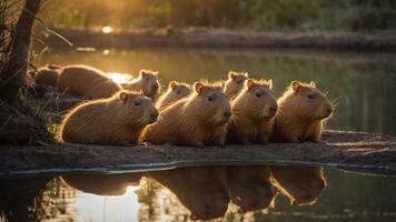 Group of capybaras relaxing by the water at sunset, with lush greenery in the background photo