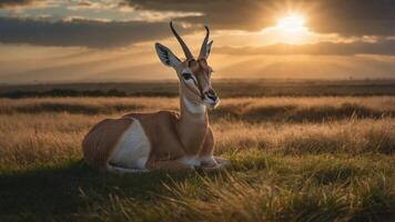 A serene antelope resting in golden grasslands at sunset, with dramatic clouds in the background photo