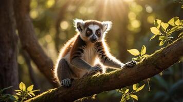 A curious lemur perched on a mossy branch, illuminated by sunlight in a lush forest setting photo