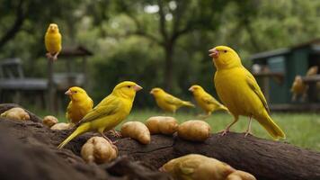 A group of vibrant yellow canaries foraging on a log surrounded by potatoes in a lush garden photo