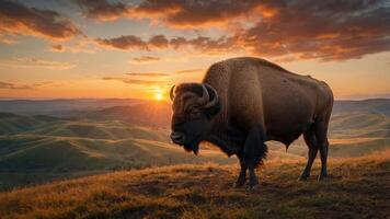 Majestic bison standing on a hillside at sunset, with rolling hills and colorful clouds in the background photo