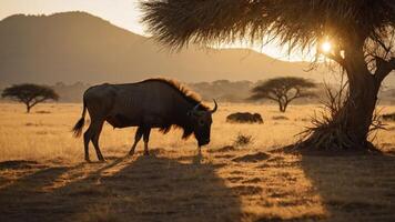 Majestic wildebeest grazing at sunset in a serene savanna landscape with mountains in the background photo