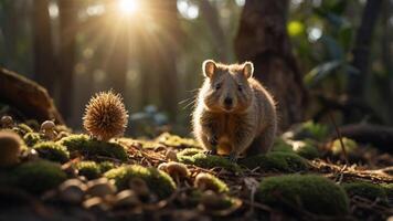 A curious quokka exploring a lush forest floor, surrounded by moss, nuts, and sunlight filtering through trees photo
