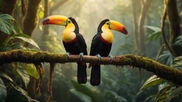 Two vibrant toucans perched on a mossy branch in a lush rainforest, surrounded by greenery photo