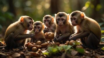 A group of playful monkeys in a forest enjoying nuts, surrounded by lush greenery and dappled sunlight photo