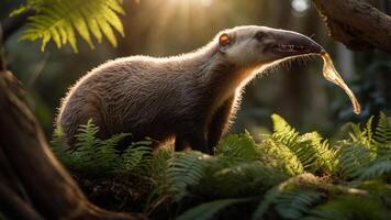 Anteater foraging in lush forest, sunlight filtering through trees, vibrant ferns surrounding photo