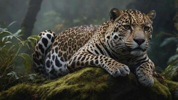 Majestic jaguar resting on a moss-covered rock in a misty rainforest, surrounded by lush greenery photo