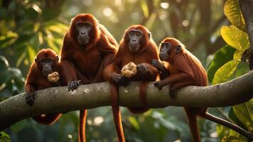 Four red monkeys sitting on a branch in a lush forest, enjoying fruit under soft sunlight photo