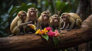 Group of five monkeys sitting on a log surrounded by colorful flowers in a lush forest setting photo