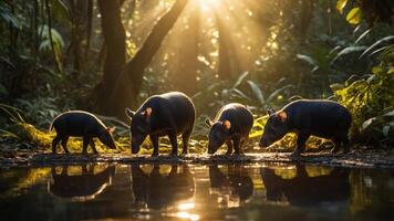 Group of four tapirs drinking from a serene forest stream with sunlight filtering through trees photo