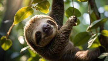 A sloth hanging from a branch in a lush green rainforest, with sunlight filtering through leaves photo