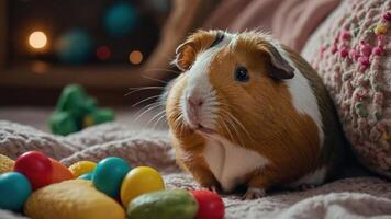 A cute guinea pig sitting on a cozy blanket surrounded by colorful toys in a warm living room photo