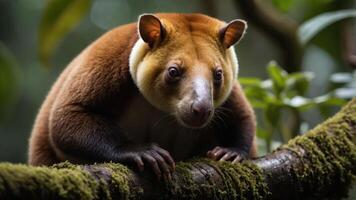 A close-up of a tree kangaroo perched on a moss-covered branch in a lush rainforest setting photo
