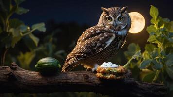 A majestic owl perched on a log with a moonlit background, surrounded by nature and food photo