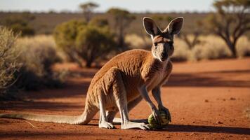 Kangaroo playing with a ball in an Australian outback setting, surrounded by sparse vegetation photo