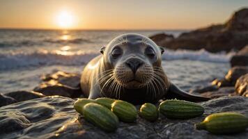 A serene seal resting on rocky shore with cucumbers at sunset, waves gently lapping behind photo