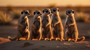 Five meerkats standing in a line at sunset, observing their surroundings in a desert landscape photo