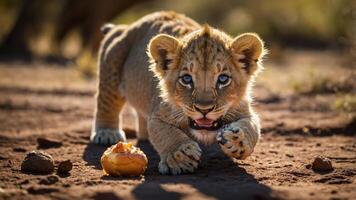 Playful lion cub exploring its surroundings with curiosity on a sunny day in the wild photo