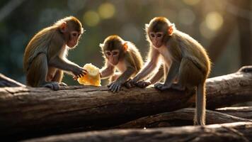 Three playful monkeys interacting with a piece of fruit on a log in a sunlit forest setting photo