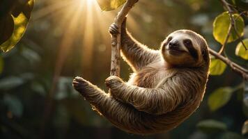 A sloth hanging from a tree branch, basking in the warm sunlight of a lush jungle environment photo