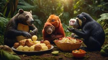 Group of diverse monkeys and a bear enjoying a feast in a vibrant jungle setting photo