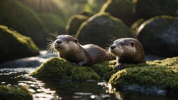 Two playful otters lounging on mossy rocks by a serene river, with sunlight filtering through trees photo