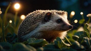 A hedgehog exploring a lush garden at dusk, illuminated by soft glowing lights in the background photo