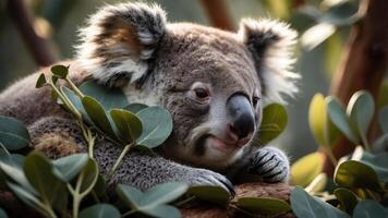 A serene koala resting among lush eucalyptus leaves in a tranquil Australian forest setting photo