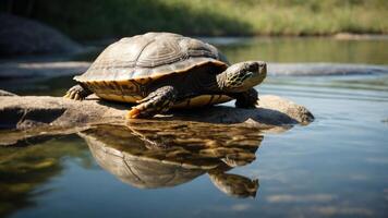 Turtle basking on a rock by a serene lake, reflecting in calm waters surrounded by greenery photo