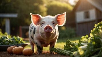 Cute piglet standing on a farm with vegetables, sunlight shining, and a rustic barn in the background photo