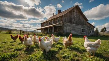 Chickens roaming freely in a lush green field near a rustic farmhouse under a blue sky photo