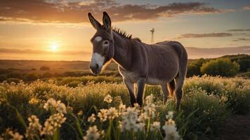A serene donkey stands in a field of flowers at sunset, with wind turbines in the background photo