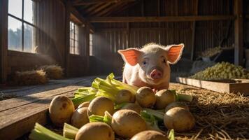 Cute piglet resting among fresh potatoes and celery in a rustic barn filled with hay photo
